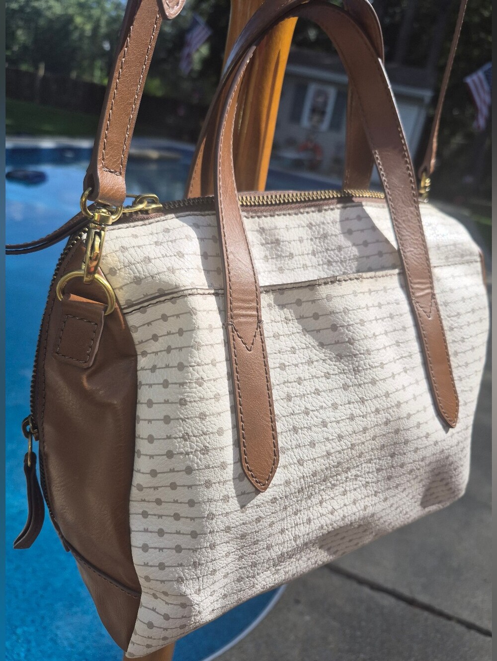 Fossil Hailey Satchel Brown White With Gray Dots Faux Leather Purse